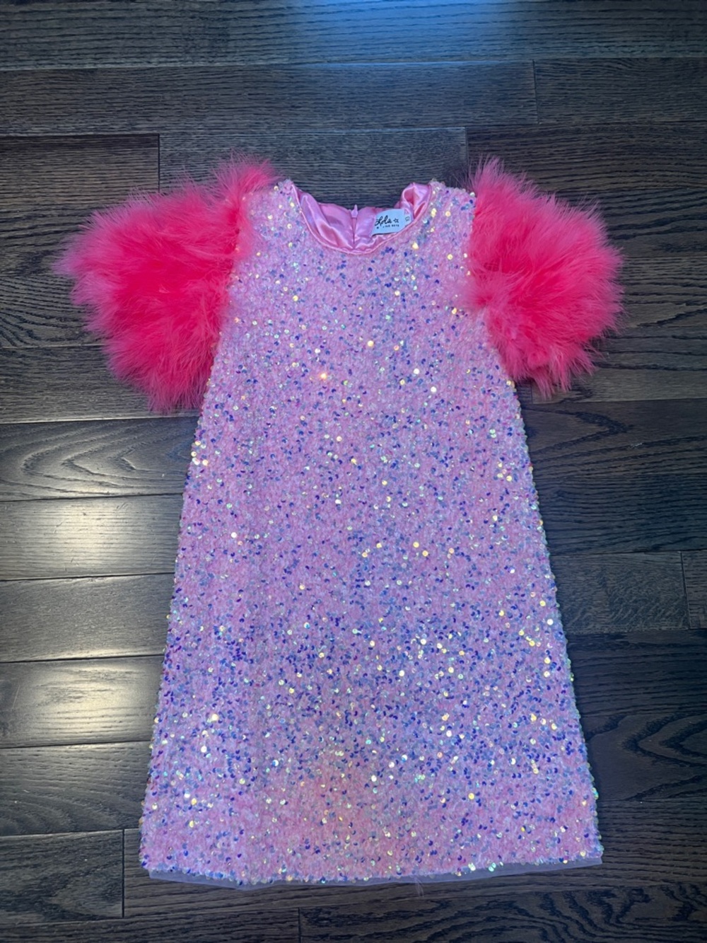 Lola + The Boys Iridescent Pink Sequin Dress with Satin Trim